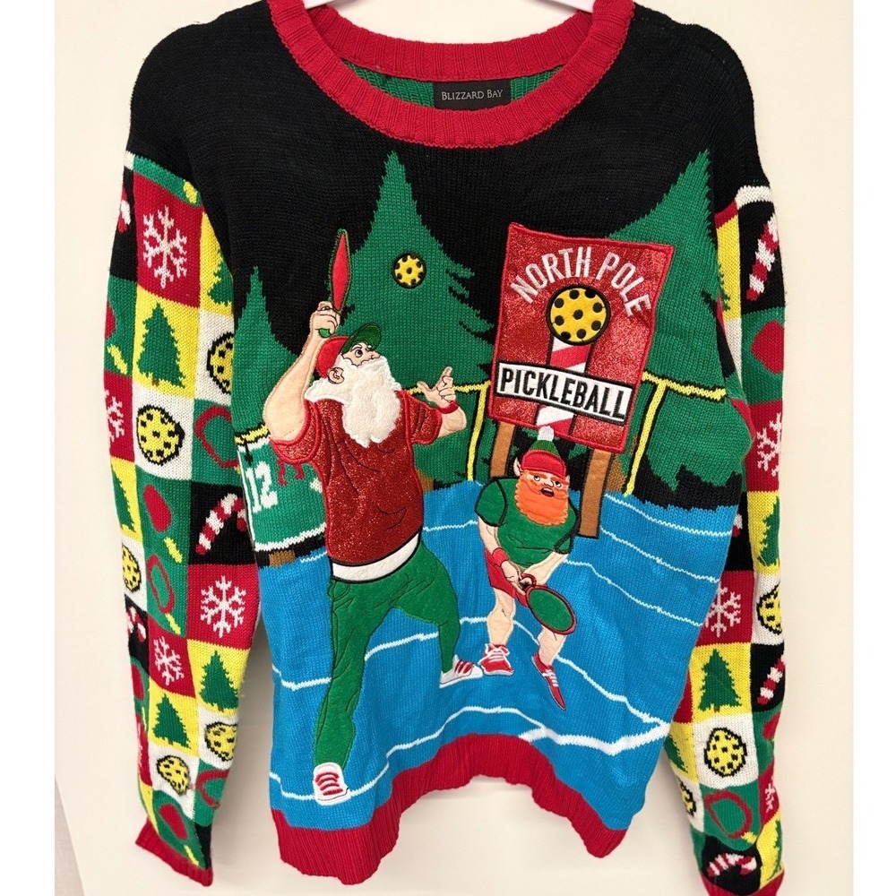 Ugly Christmas Sweater Pickleball Santa Men L Elf Camp Holiday Kitschy Winter